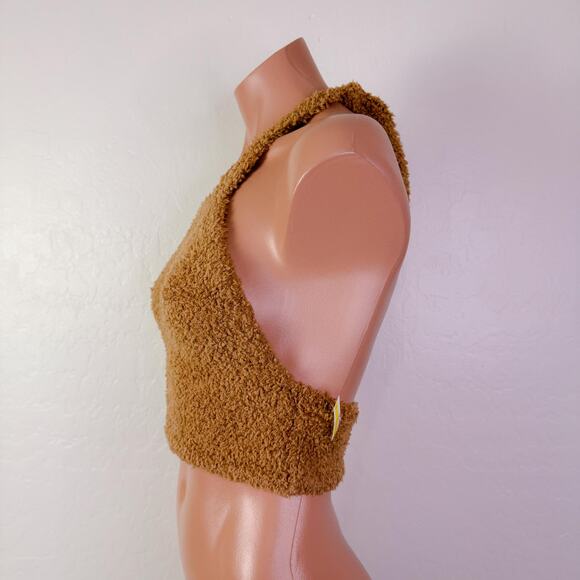 SKIMS Cozy Knit Teddy Tie Open Back Halter Bra Crop Top Camel Lounge Size L NEW - Picture 4 of 12